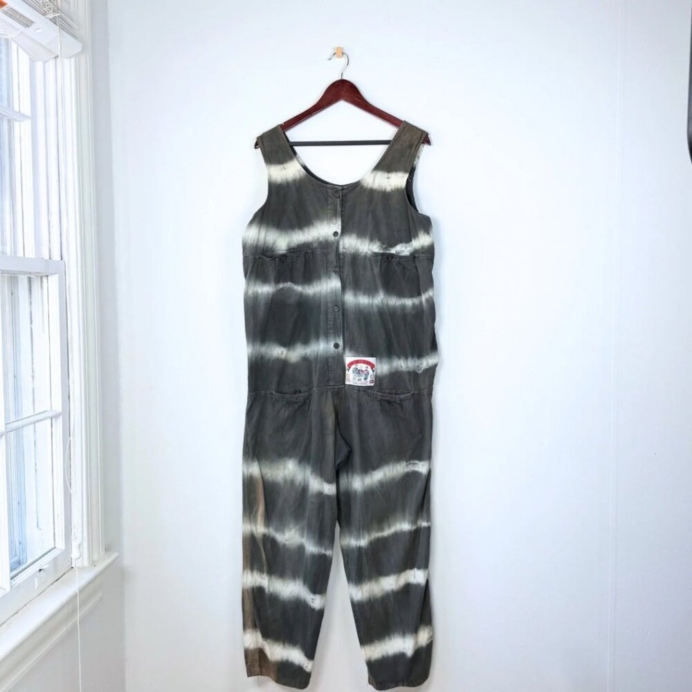Vintage 80s Gray and White Tie Dye Woman’s Button Up Jumpsuit Large Lagenlook